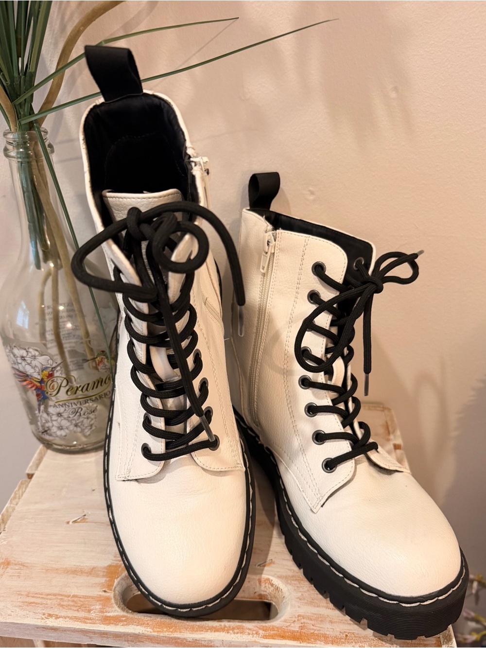Sincerly Jules White Lace-Up Combat Boots with Black Laces
